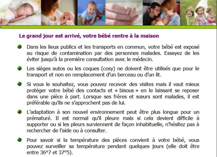 Flyer réalisé par le Réseau Ecl’Aur sur les conseils de sortie, le retour à la maison après l’hospitalisation de votre enfant en service de néonatologie